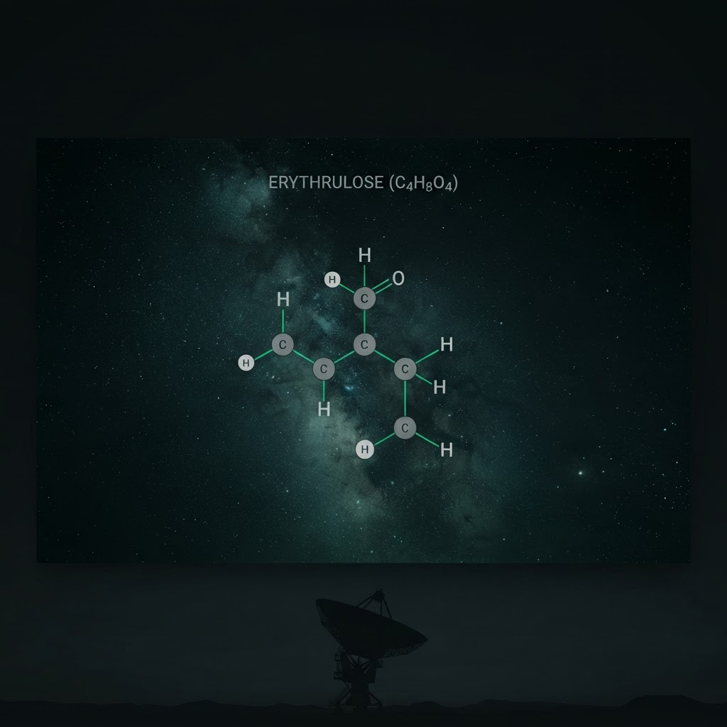 Concept render of the four-carbon sugar erythrulose over the molecular cloud G+0.693 near the galactic center, with a radio telescope silhouette