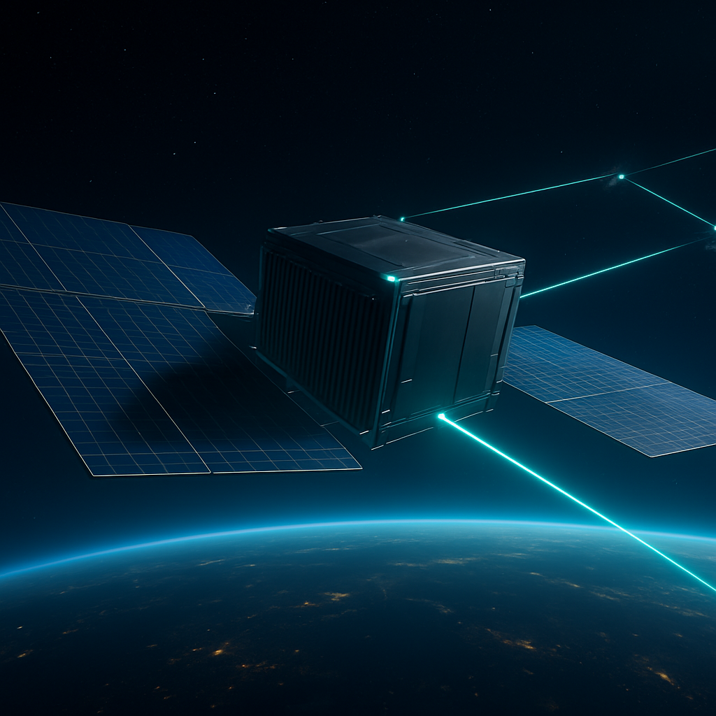 Render of a fridge-sized orbital data center satellite with tennis-court-scale solar arrays and optical inter-satellite links over Earth